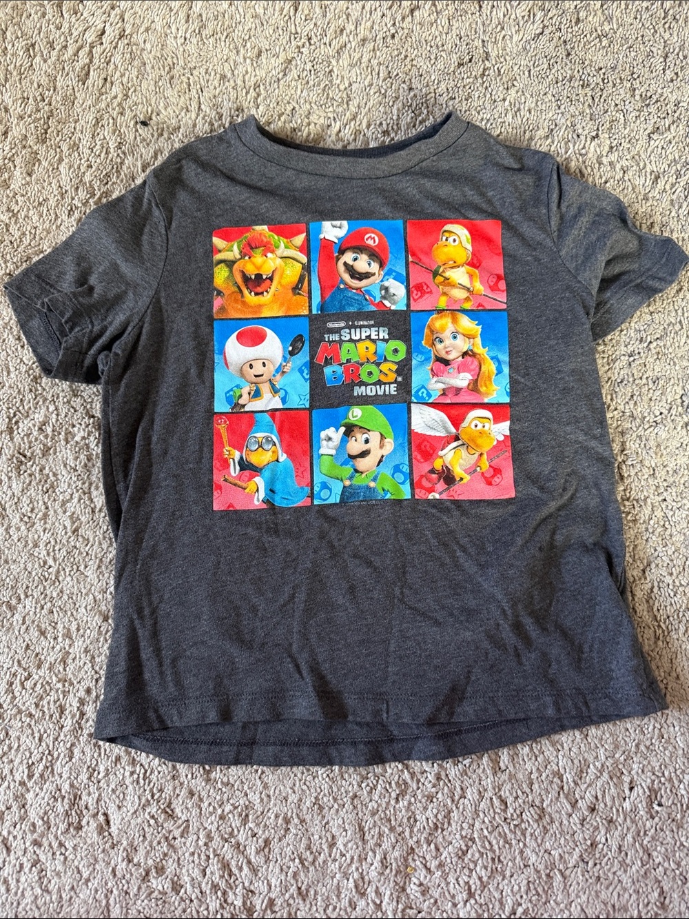 Nintendo Super Mario Bros. Movie Kids Tee - Charcoal Gray with Multicolor Grid
